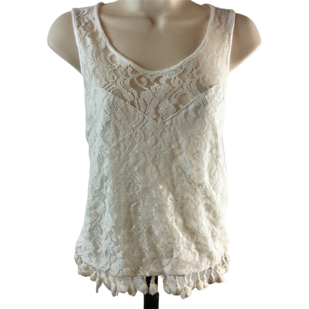 Womens Sleeveless Lace Top Blouse Suede Back Tasseled Hem Shirt  S Mind Code u B
